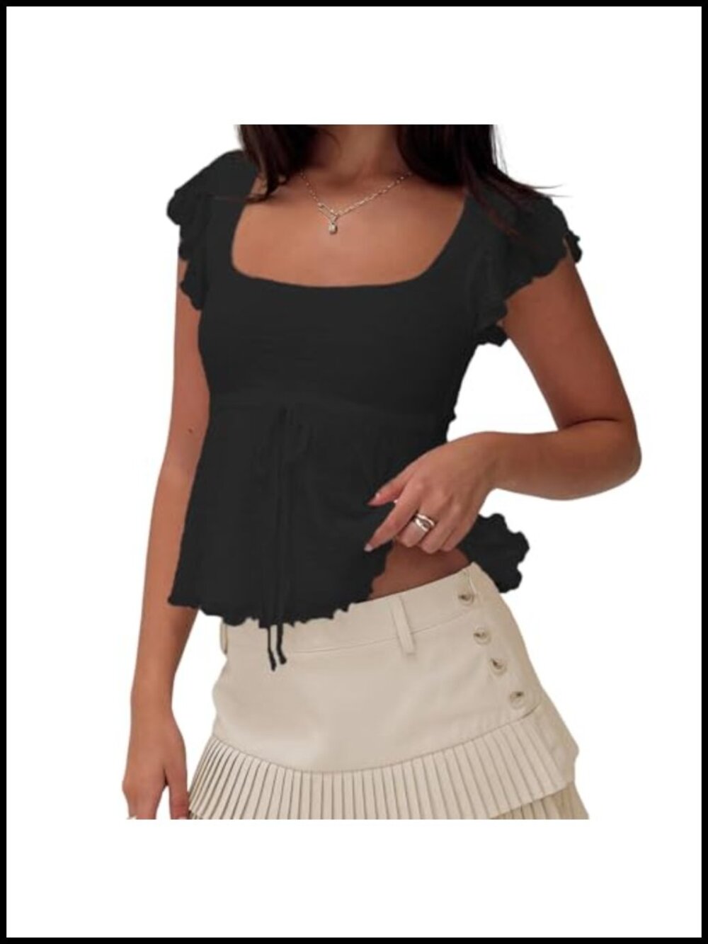 Y2K Lace Babydoll Tank Top Square Neck Cap Sleeve Peplum Shirt Slim Fit Tie Bow